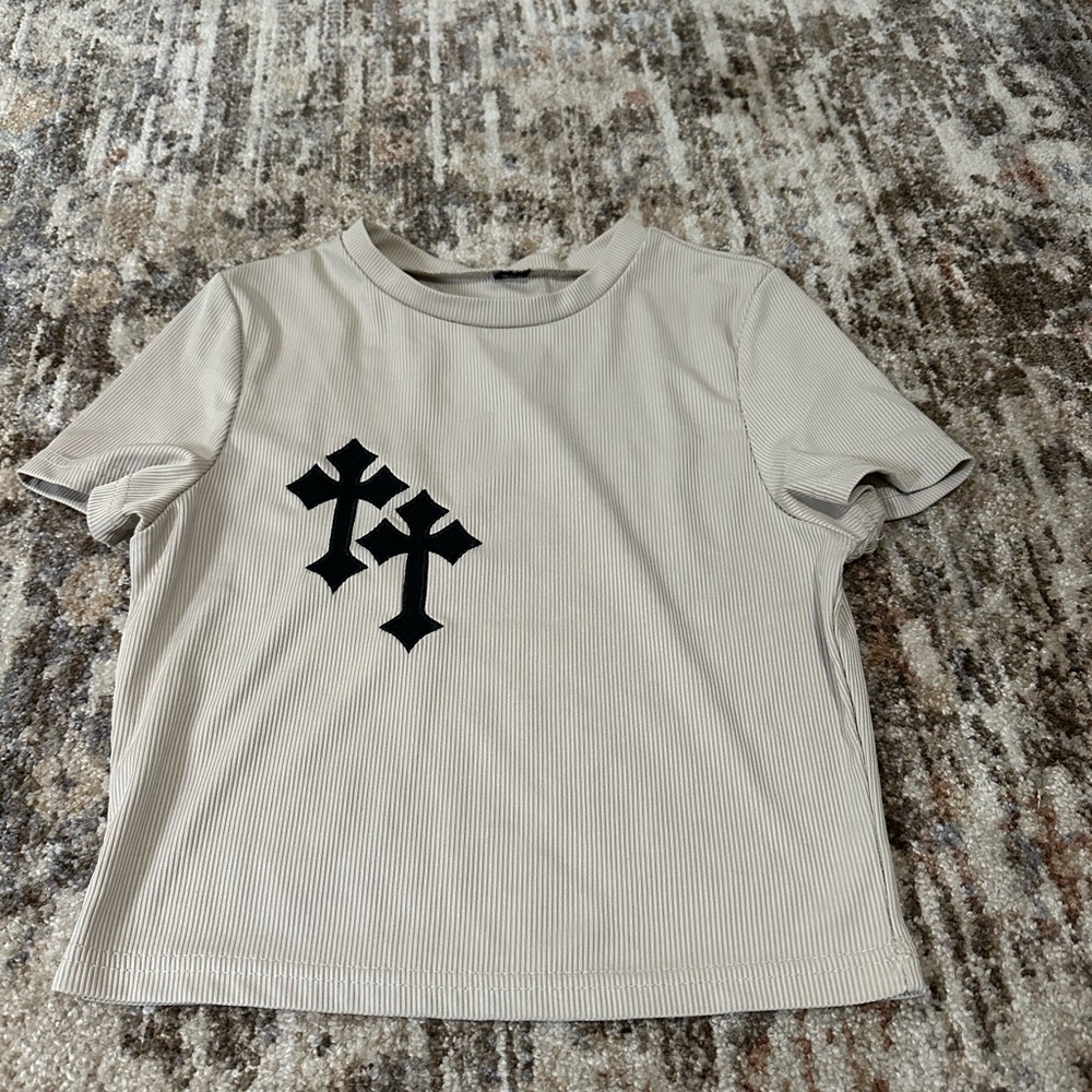 Girls Beige T-Shirt with Black Cross Design
